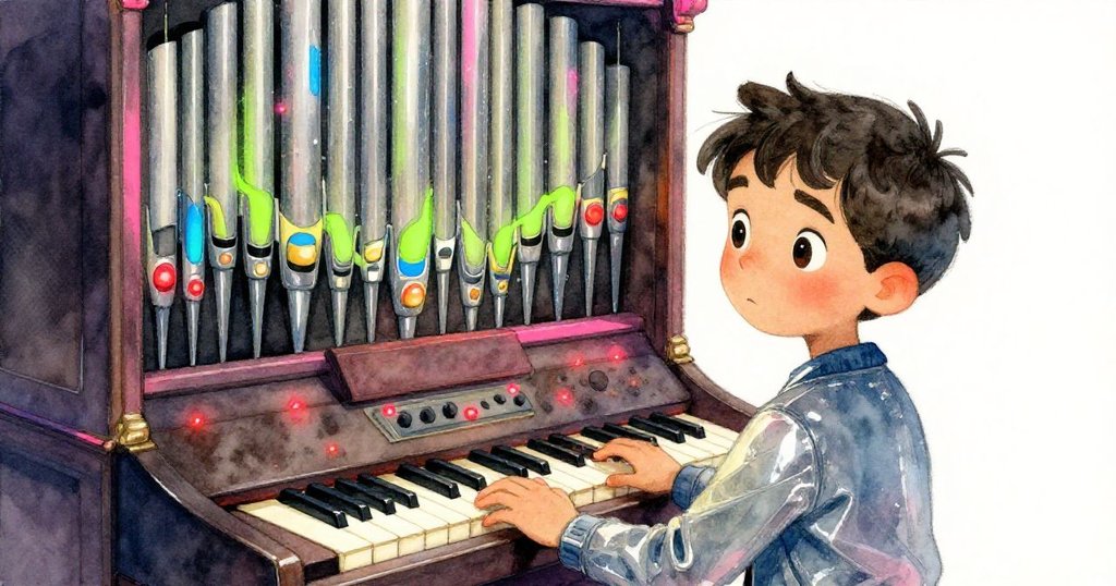 法比安靠近古老管風琴，觀察底下亮著微紅燈光的琴鍵，神情充滿決心與驚奇，背景充滿懷舊科技感。