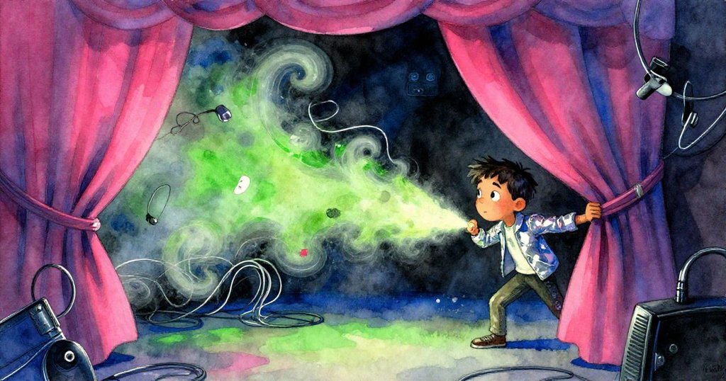 法比安拉開沉重窗簾，四周塵埃旋轉、線纜交錯，表情驚訝與堅定，呈現超現實劇院內景。