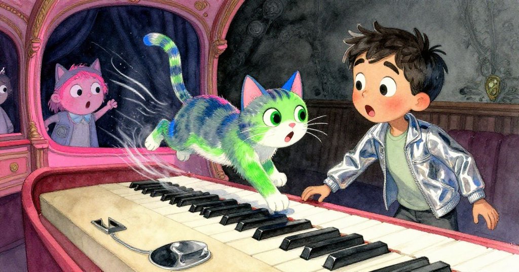 一隻綠眼貓躍上象牙琴鍵，動態軌跡展現其迅速動作，法比安因驚訝捂住耳朵，劇院內充滿活力與變化。