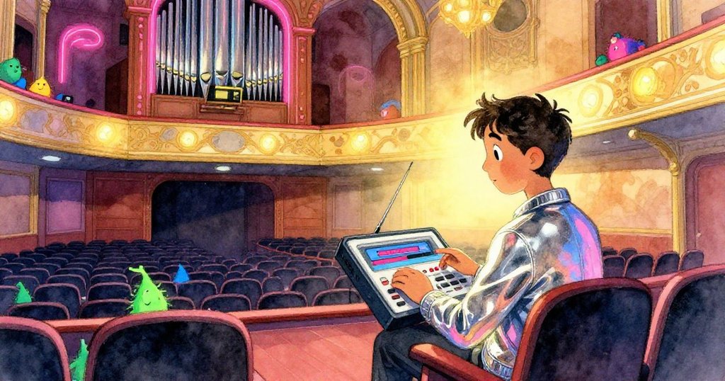 法比安在平靜劇院中重播錄音機內樂章，周圍呈現暖金光與霓虹對比，神情寧靜充滿解脫與驚奇。