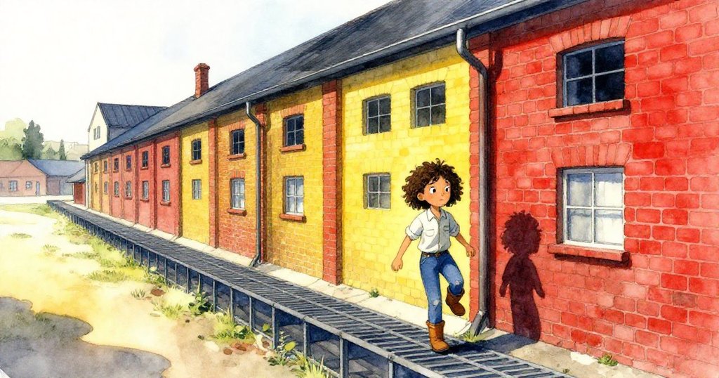 Lena踏上農業館外的鐵格步道，建築映著晨曦，充滿期待與好奇，溫暖明亮，展現故事開端。