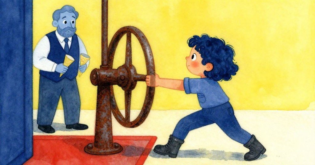 背後視角下，Lena拉扯鋼槓時，館長慢步走來持紙質小吃，兩人互動中透露緊張與好奇。