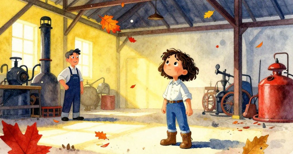 秋光灑落老廠房內，木牌似樹葉般隨風飛舞，Lena與館長靜觀驚喜場面，充滿季節詩意。