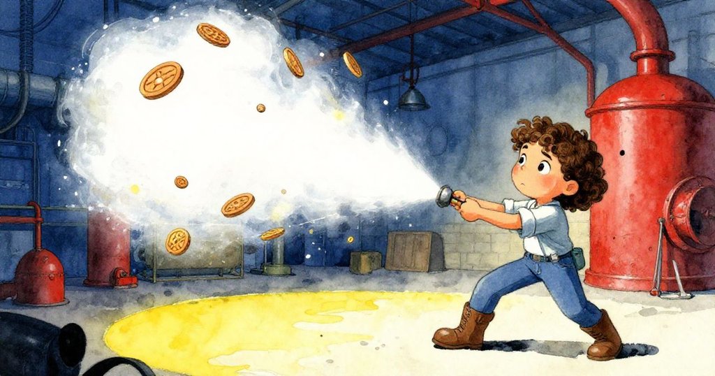 Lena緊握鋼槓拉動時，壓縮空氣釋放牽動木牌飛舞，館長與她呈現驚喜緊張情緒，場景動感十足。