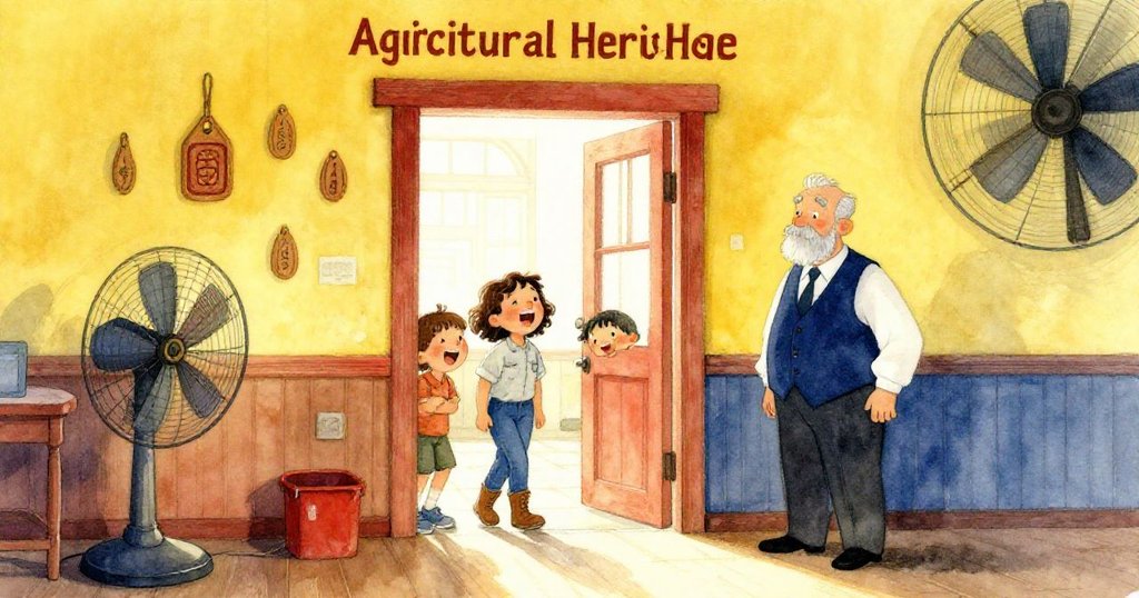 風平浪靜後，木牌安落風扇周圍，孩子們在門口歡笑，Lena與館長滿足寧靜，溫暖結局展現故事全程。