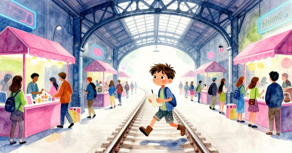 米洛踏入熙攘的車站市場,拱門映襯著熾熱陽光,市場人潮旺盛,他充滿好奇與期待,開始了一段奇遇之旅。