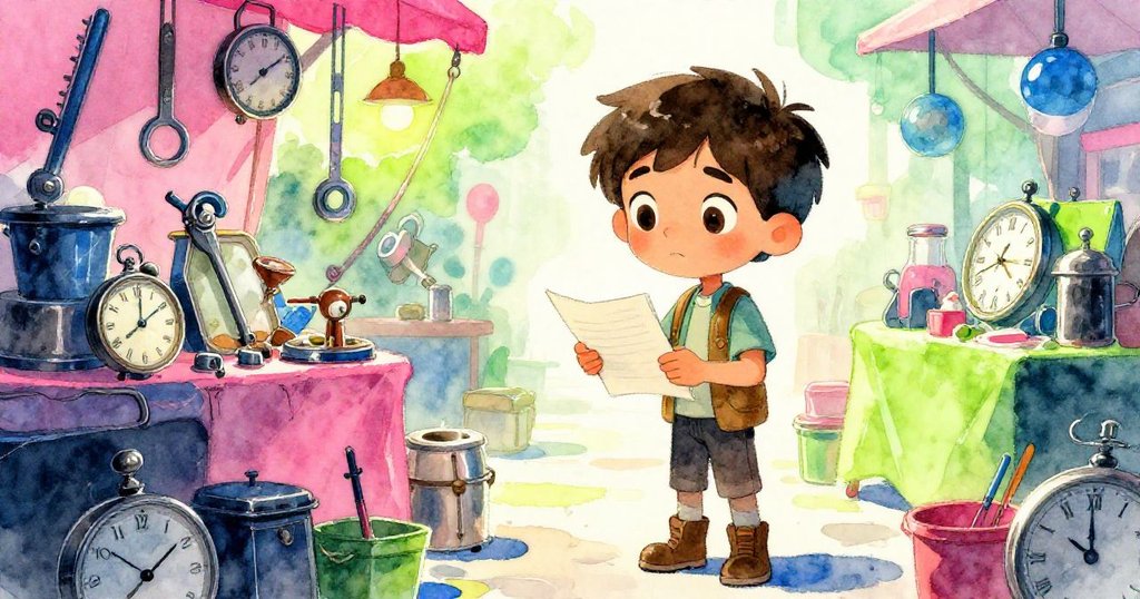 米洛正專注觀察桌上閃爍的工具與鐘錶零件,他拿著筆記本快速記錄,臉上洋溢著求知的興奮。