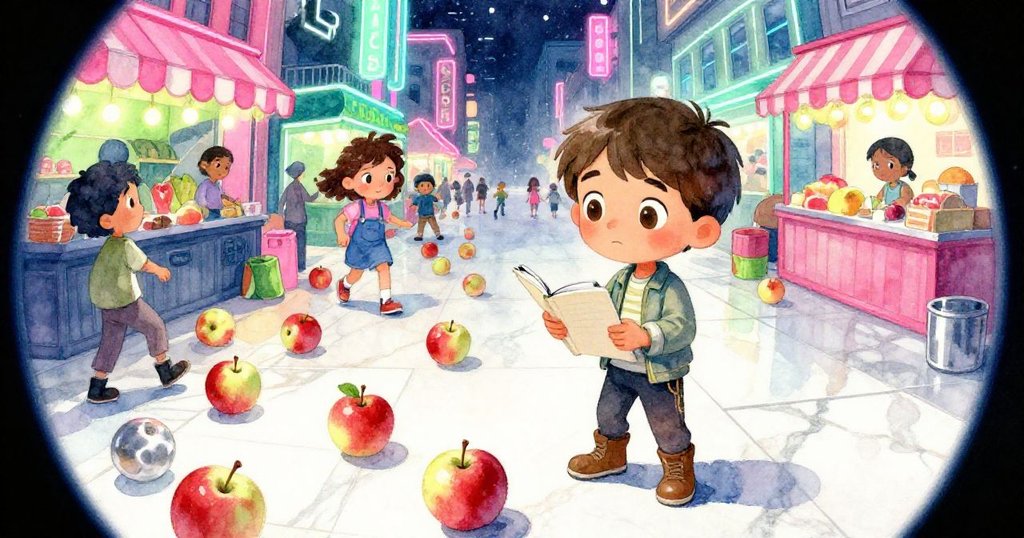 米洛彎腰撿起滾動的蘋果,一位女孩手托紙船穩住攤位,混亂中散發出堅定互助的喜悅氣氛。