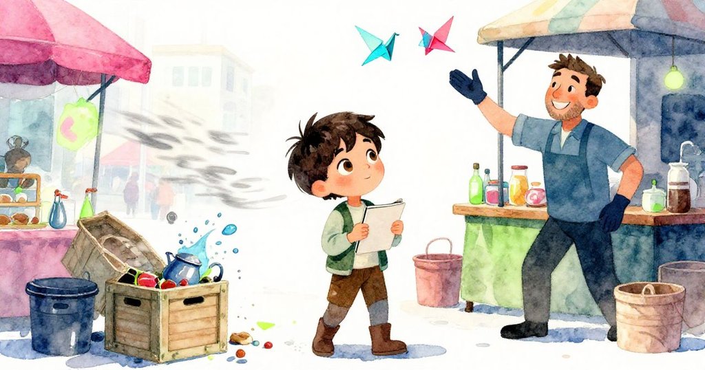 米洛在明亮陽光下觀察風起茶濺,攤販與人群忙亂中協作,場景充滿活力與詩意,呈現市場生機。