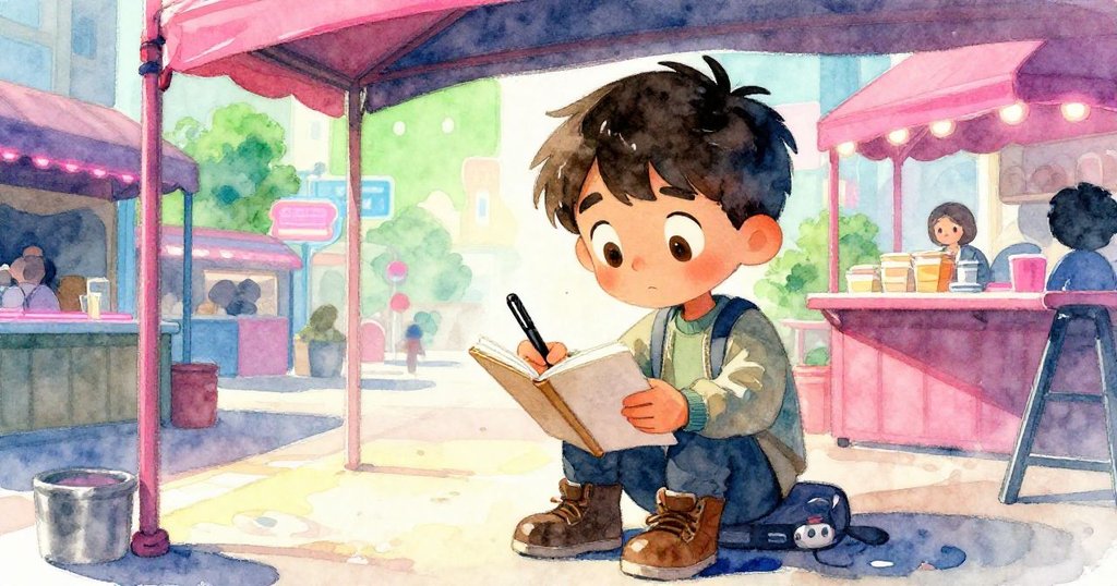 米洛在陽光照耀的空攤前仔細記錄,神情專注而果斷,描繪出市場空間利用的靈感與決策瞬間。