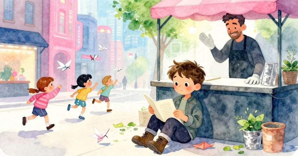 米洛在寧靜市集角落休憩,孩子追逐紙鳶,攤販戲捕偶發飛鶴,氛圍由混亂轉為溫馨平和。