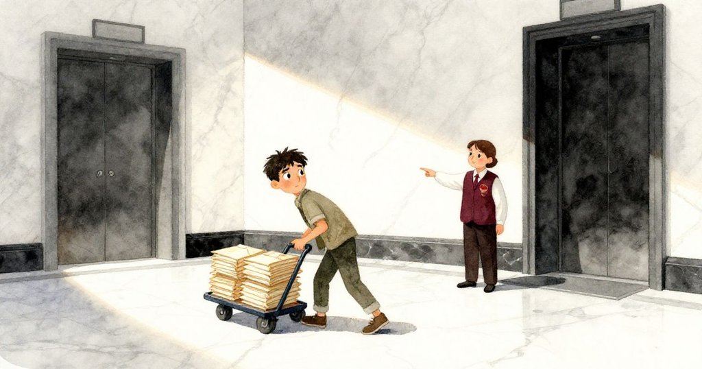 格倫推著擺滿紙燈籠的推車進入大廳，志工身穿酒紅背心指引方向，博物館大廳靜謐而充滿期待