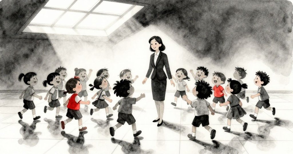 教師帶領三十名充滿活力的孩子行走在反光瓷磚上，鞋子在天窗光線下閃爍，現場生動活潑