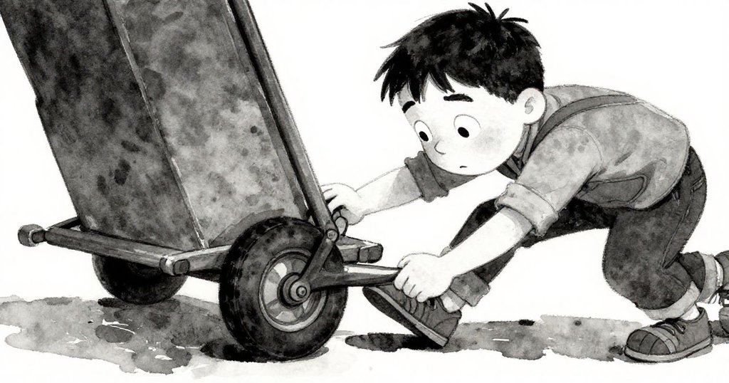 格倫因推車輪子陷入狹縫而鞋子打滑，他專注用手肘穩住燈籠，神情緊張而堅定