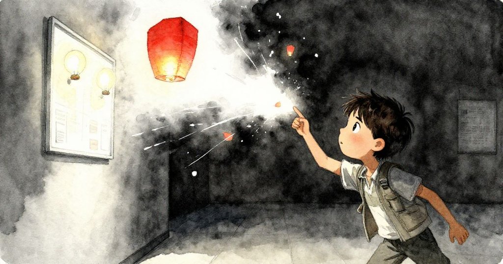 突如其來的風令燈籠在空中飄揚，一個燈籠觸碰照明面板，燈泡隨即閃爍，格倫急速伸手反應