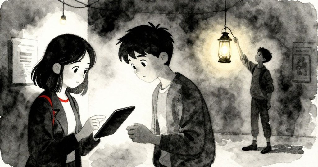 達麗亞專注於平板數字調整，格倫彎腰取回飄動燈籠，兩人默契合作在溫柔燈光下相互支持