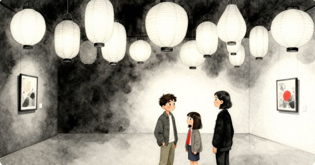 燈籠在璀璨光幕下整齊排列，格倫與達麗亞靜享創作成果，整個美術館瀰漫著平和與滿足的氣氛