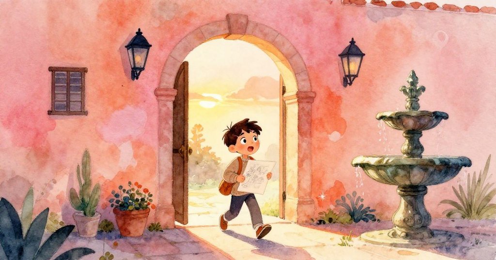 米洛踏入庭院，夕陽餘暉映照壯觀噴泉，手持畫本，臉上滿是期待與快樂，展開創作冒險。