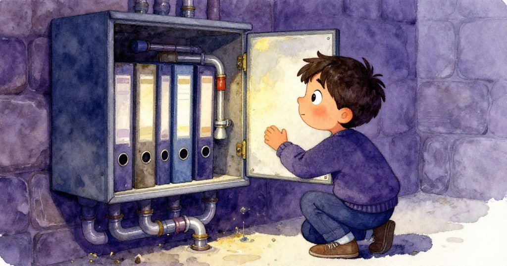 米洛彎腰檢視開啟的服務面板，管道閃光，老舊文件散發記憶，神情專注，靜謐中隱含驚奇。