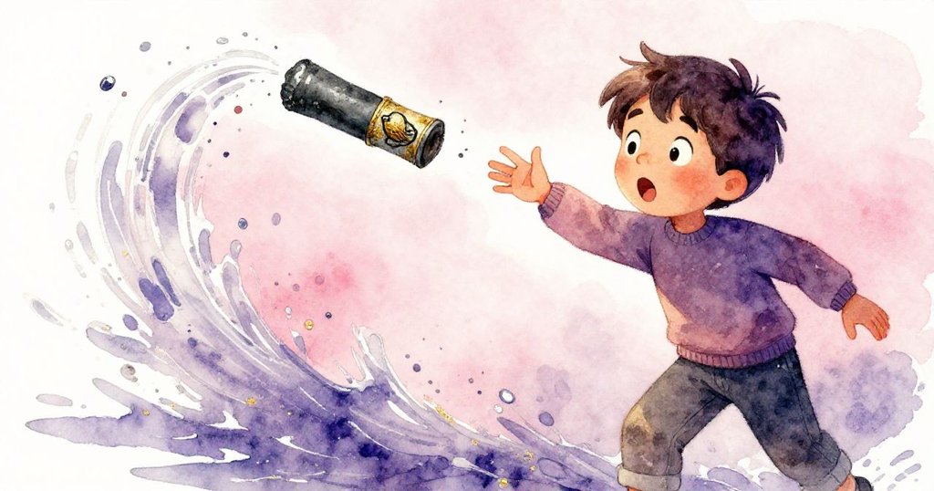 漂浮的木炭筆和銹跡小鳥徽章在水花中旋轉，米洛焦急伸手，情緒緊張且期待神秘發現。