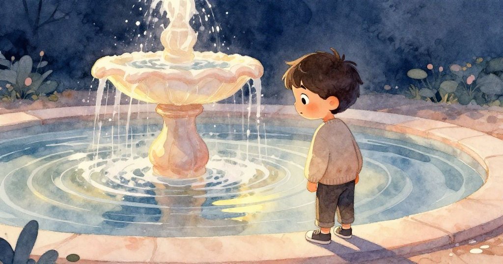 水流漸歇，噴泉恢復平靜，米洛端正身姿再次投入繪畫，夕陽微變中流露淡定與堅定。