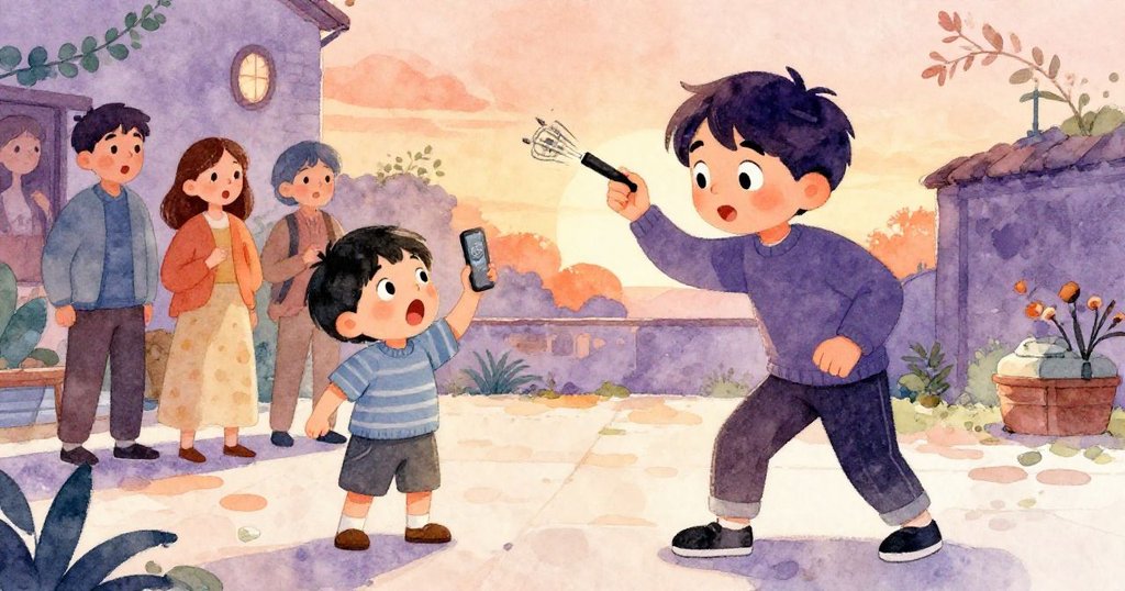 旁觀者驚訝舉起手機，孩子輕呼，米洛彎腰拾起木炭與徽章，群眾目光中溫馨互動。