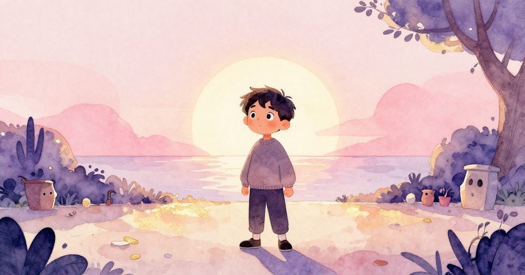 米洛整理拾得物品，微笑著面向未來，新夕陽下再展創作旅程，步伐堅定充滿希望。