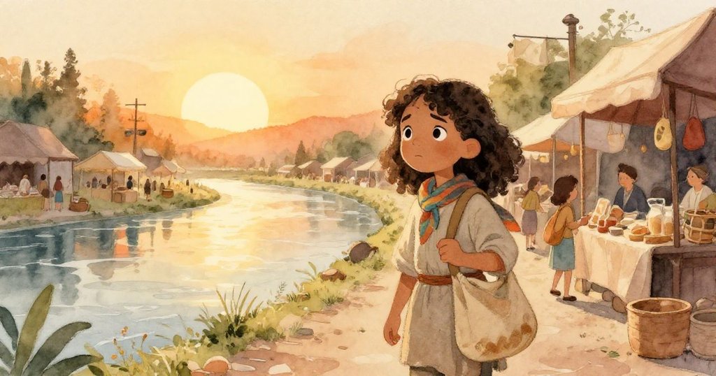 莉拉在黎明的河畔市集踏入,溫暖晨光映照著她調整背包的動作,表情期待而平靜。