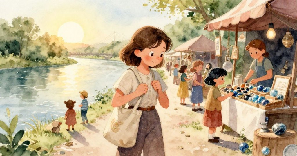 莉拉的手正在仔細調整帆布袋帶,手中緊握著閃亮硬幣,細膩刻畫出她滿懷期待的神情。