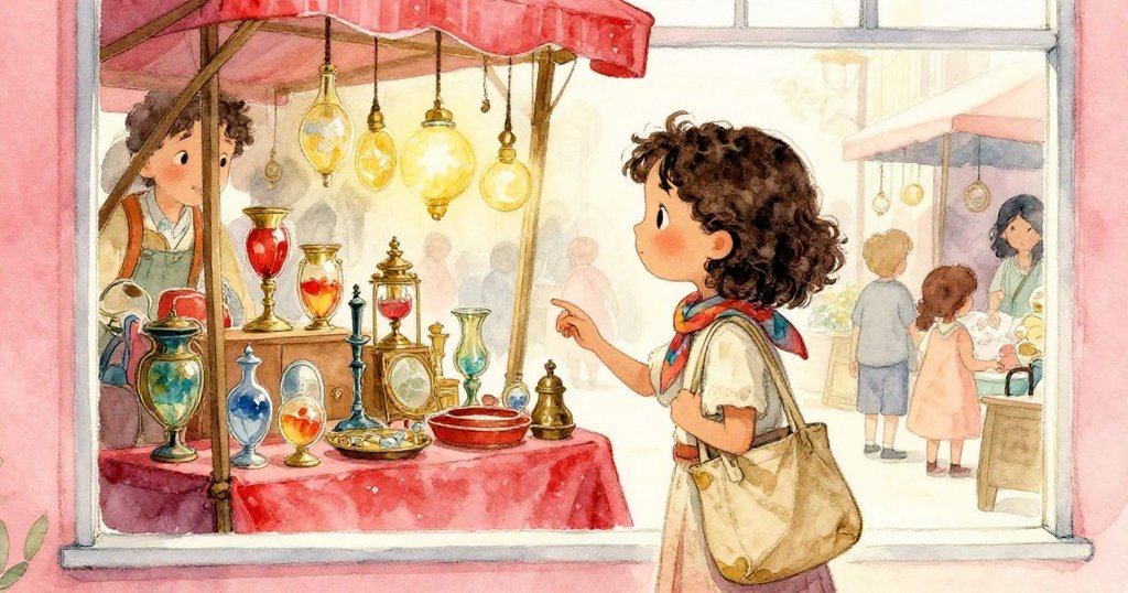 莉拉站在古董攤位前,透過如窗的視角欣賞閃著彩色玻璃光芒的珍奇物品,臉上流露出好奇與期待。