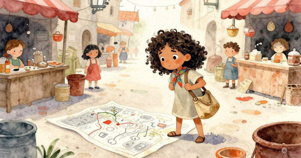 莉拉在擁擠市集中仔細穿行,地上用粉筆畫出的地圖正逐漸被行人擦去,營造出現實與幻想交錯的氛圍。