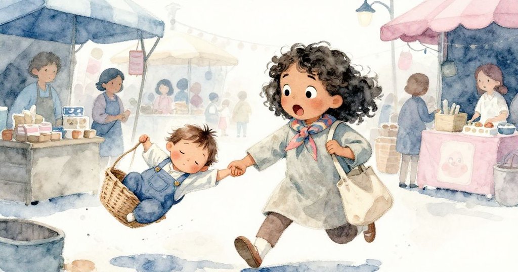 莉拉在熱鬧市集中支持著熟睡幼童,忽然掛著的籃子晃動,她驚訝的表情與動作生動展現出現場的緊張氣氛。