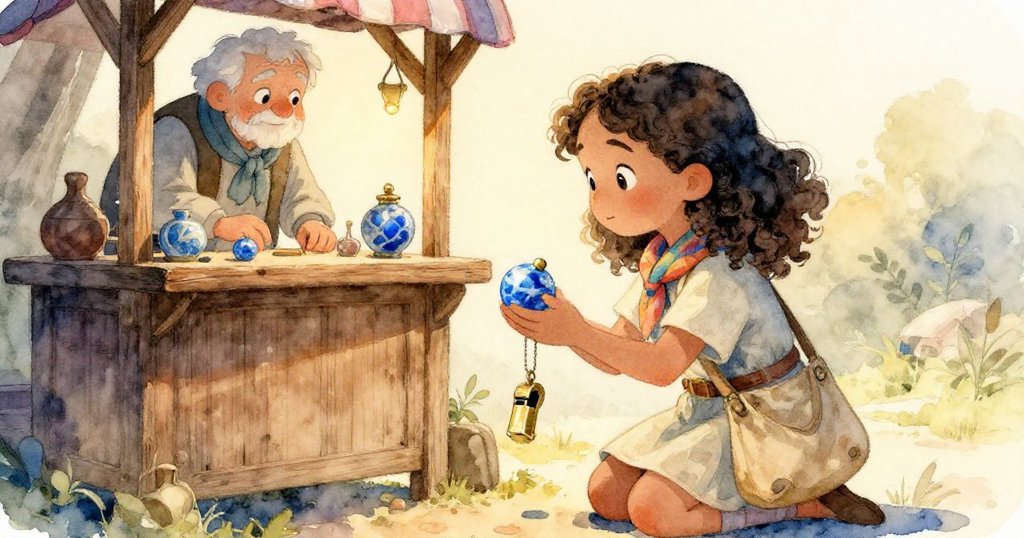 莉拉跪在木製攤位旁,在柔和傍晚光線中發現藍寶石彈珠和銅製小鳥口哨,她滿懷驚喜與喜悅,故事人微笑著致意。