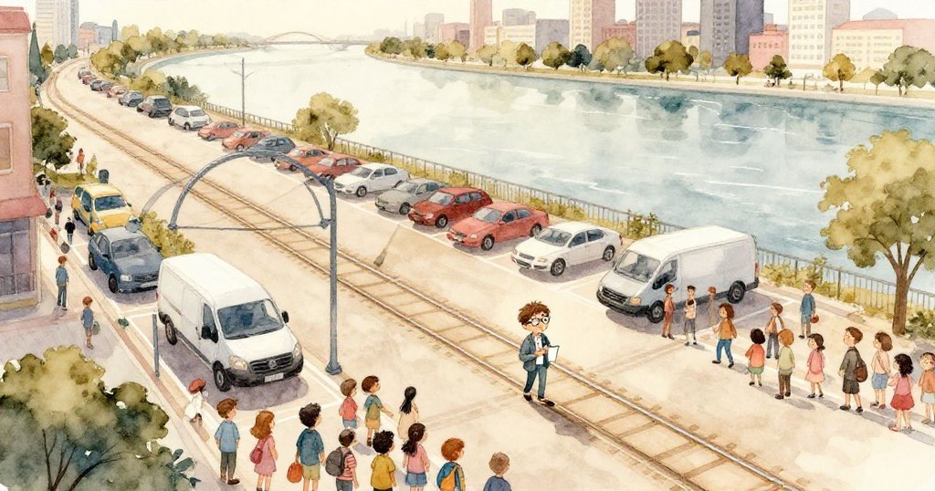 米羅跨越電車軌道於河邊停車場，充電站背景金屬拱門下人潮熙熙攘攘，展現探索與熱情。