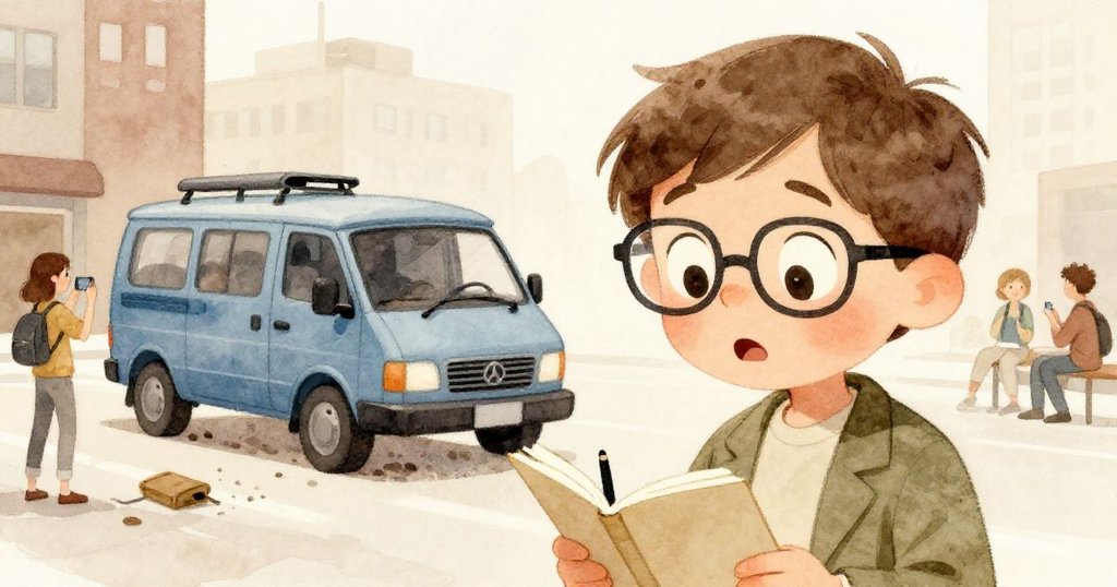 米羅面部特寫流露驚訝神情，藍色貨車小故障出現於背景，博客們忙碌記錄，情緒細膩真實。