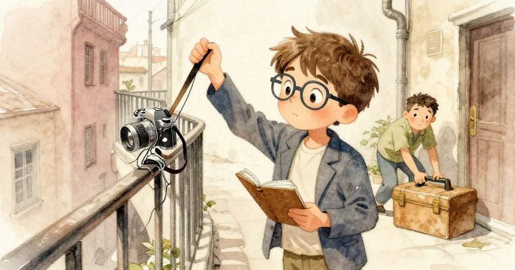 米羅在狹窄走道中解救相機帶，旁邊助手推動工具箱讓路，畫面展現過渡空間細節與動態互動。