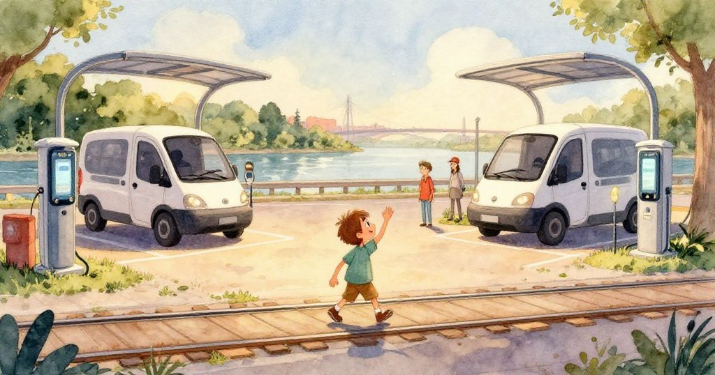 紅貨車在劃線賽道上快速加速，藍貨車因接頭故障停滯，眾人驚愕，貨運自行車鈴響穿行，動態十足。