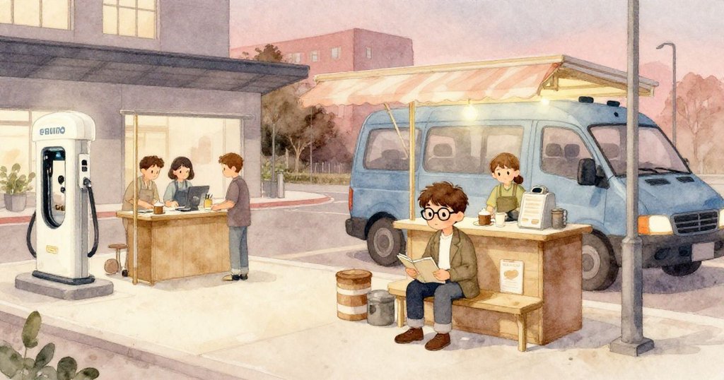 黃昏時分，米羅於咖啡攤邊靜坐記錄，背景藍貨車靜止，技術人員散去，氛圍寧靜而反思。