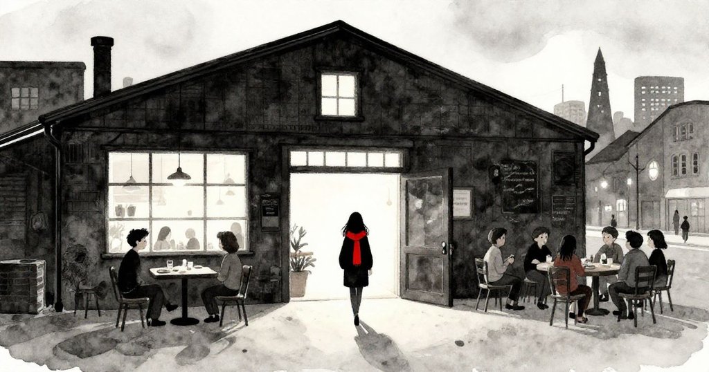 Mira穿著紅色圍巾在港口街舊倉庫前行走，背影在夕陽中顯得堅毅，周圍客人靜候入場，充滿期待與溫暖。