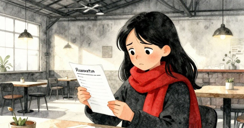 Mira在昏黃燈光下檢查預約名單，發現Leo名字缺失，臉上流露出疑惑與緊張，迅速思索解決辦法。