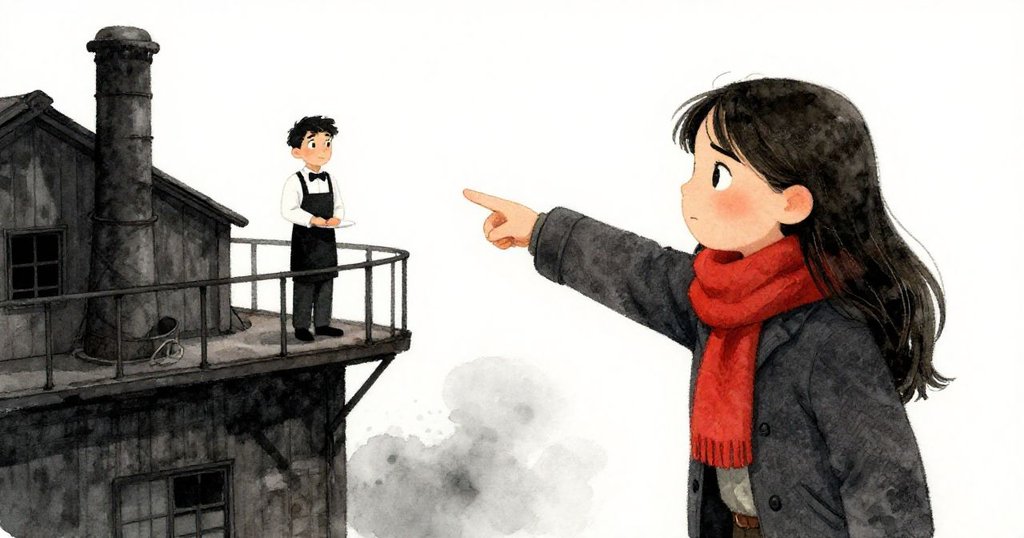 Mira堅定地指向狹窄屋頂陽台，與服務生交流尋求解決辦法，背景呈現倉庫內部與朦朧微光，情緒充滿希望與焦慮。