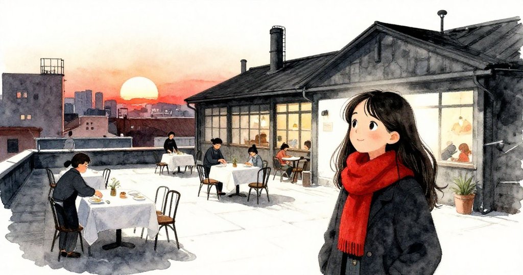 工作人員忙著佈置露台，Mira注視變化，夕陽映照著港口起重機與城市背景，轉瞬展現希望與改變。