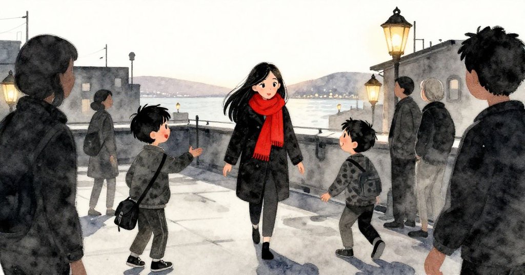 Leo在夕陽下抵達露台，與Mira和服務生歡笑互動，燈光初上，溫馨場景充滿驚喜與喜悅。