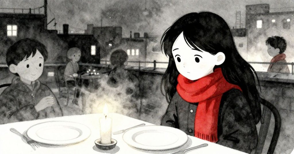 夜深露台角落擺放著兩只空盤和熄滅蠟燭，Mira與同事微笑告別，美好夜晚令人銘記，氛圍靜謐感人。