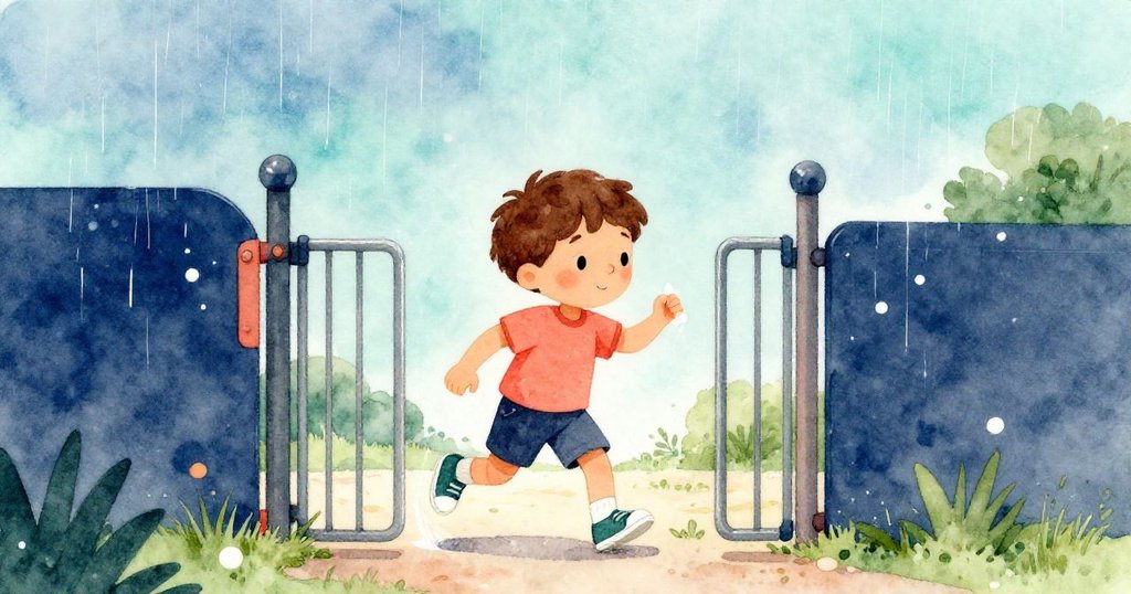 米羅透過金屬大門走入寧靜操場,手持粉筆,神情期待,天空細雨中展現出神秘入口。