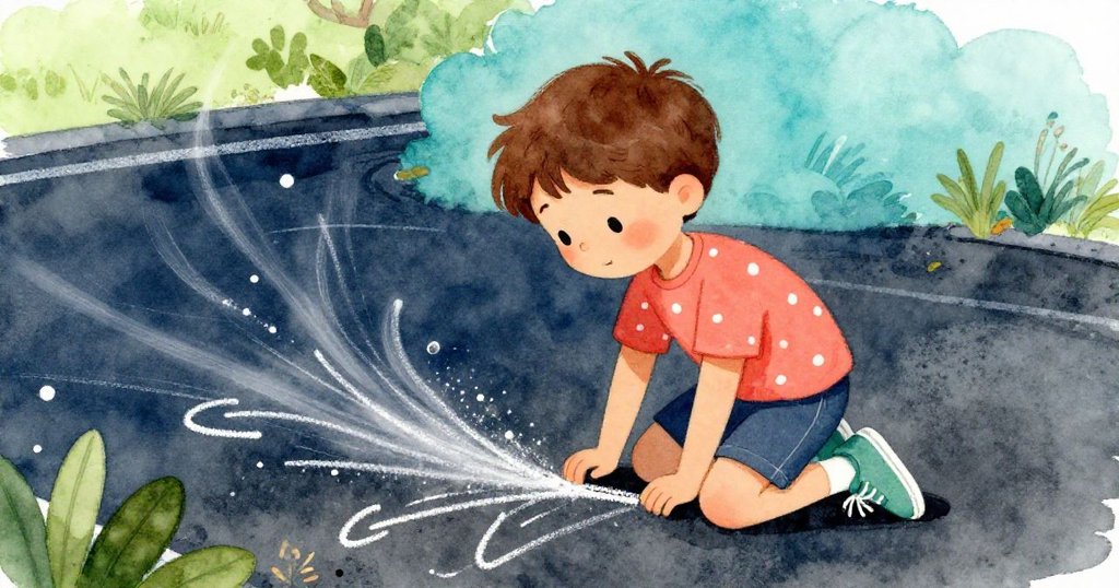 米羅跪於操場水泥上,认真观看被風吹乱的粉筆線,粉筆與灰塵形成鮮明對比,神情略帶失落。