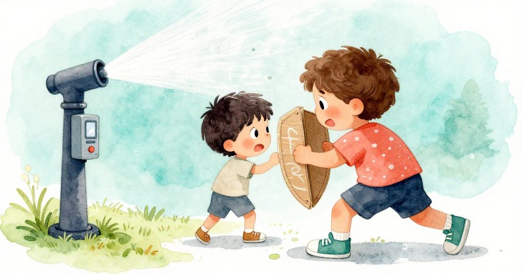 從背後視角看到米羅正用紙板作防護罩操作控制箱,自動灑水器在旁隱現,神情專注又有些焦急。