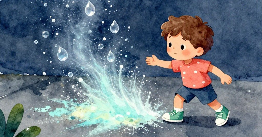 灑水器噴出水花擊打紙板防護罩,粉筆末與水滴在濕潤水泥上交織出夢幻水底般透明效果。