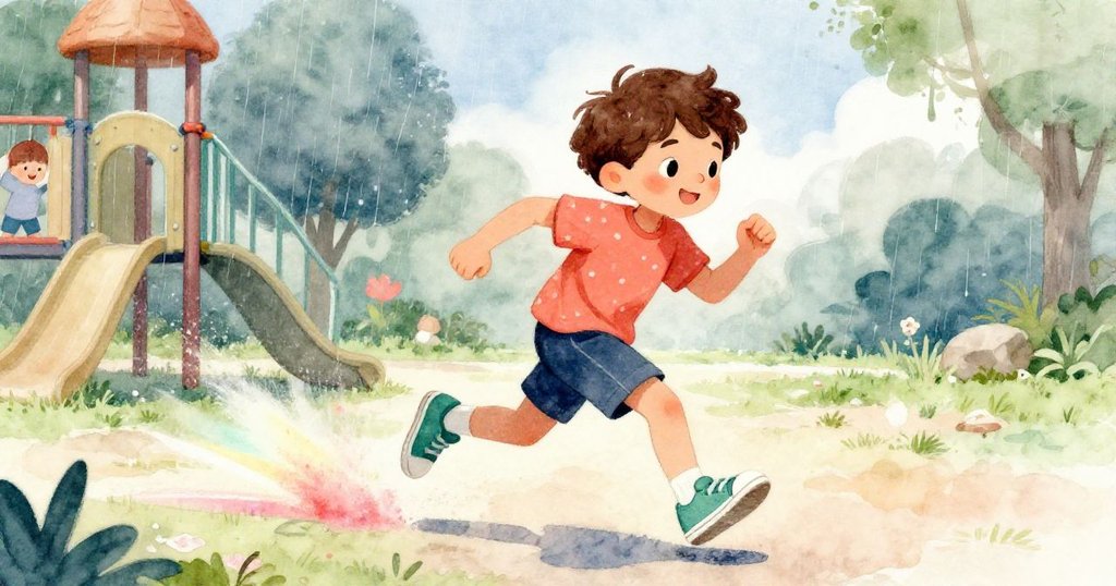 米羅在操場上奔跑,彩色粉筆線條隨步伐形成動態軌跡,雨中調整防護罩,充滿生氣與活力。