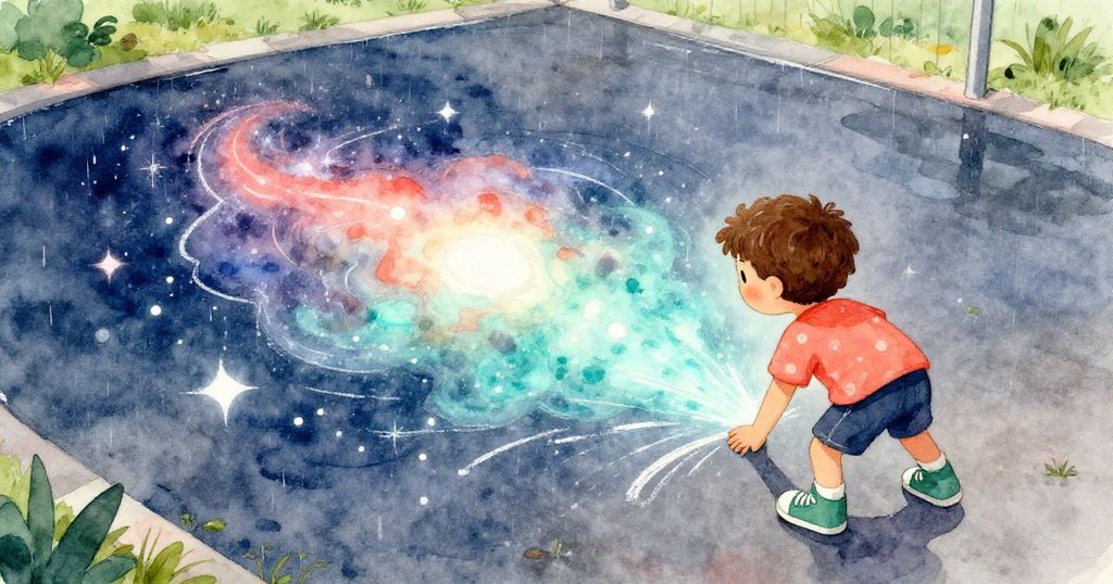 米羅站在濕潤的黑top前欣賞完成的星河圖案,雨滴與粉筆色彩交融,畫面充滿奇幻與滿足。